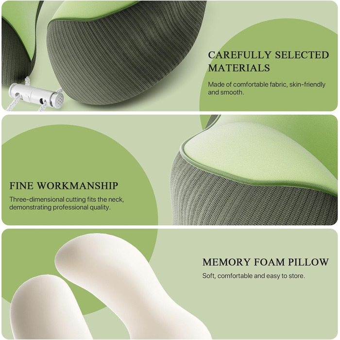 Подушка для шиї у подорожах, Memory Foam, ергономічна підтримка шиї | Подушка для шиї, подушка-ролик | Для подорожей, офісу, літака та дому, зелена