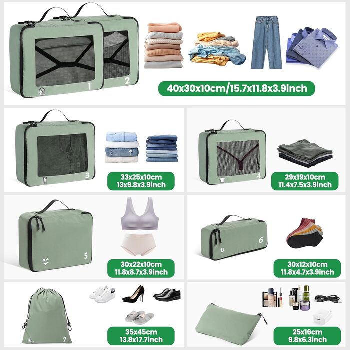 Органайзери для валізи - набір 8 шт. (зелені) - для подорожей, ручної поклажі, рюкзака