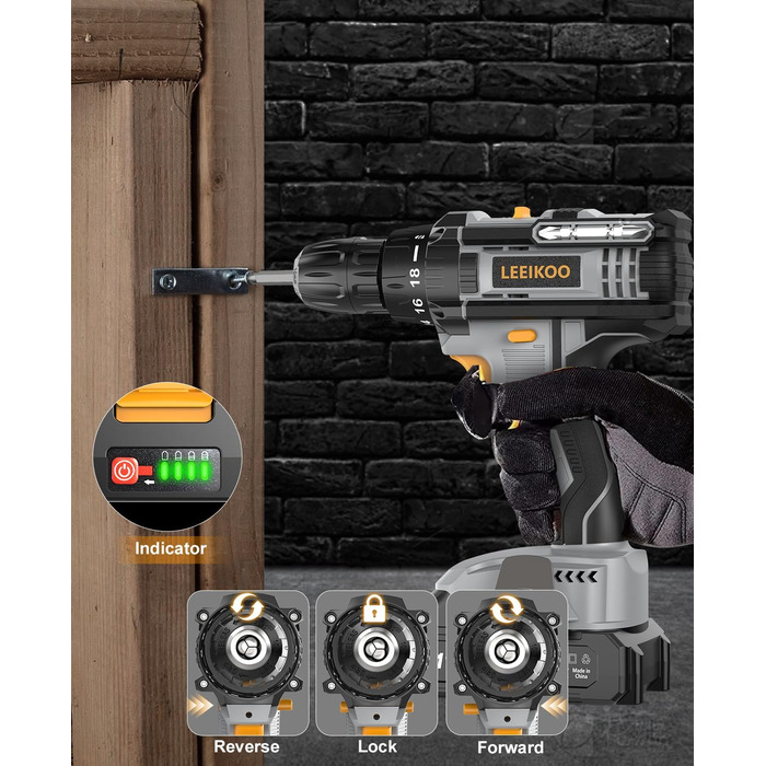 Акумуляторний шуруповерт LEEIKOO 21V, 42N.m, 2.0Ah, 10mm, 18+1, 20шт, LED, сірий