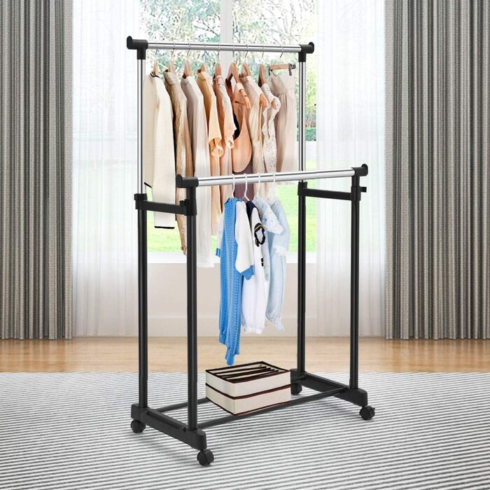 COSTWAY Clothes Rack with 2 Height-Adjustable Clothes Rods, Coat Rack on Wheels, Rolling Wardrobe, Clothes Cart, Stable Clothes Rack, 86 x 43 x 94-168cm, Black
