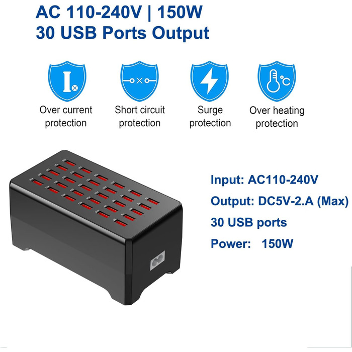 USB-станція зарядки 30 портів 150W/30A для смартфонів, планшетів та інших пристроїв