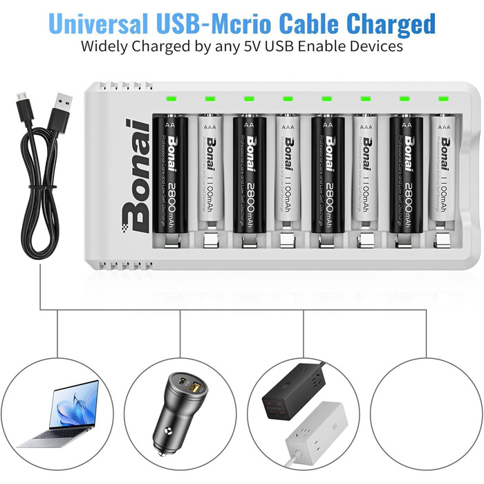 Зарядний пристрій BONAI для акумуляторів AA/AAA NI-MH з LED-дисплеєм та USB-зарядкою, 8 слотів