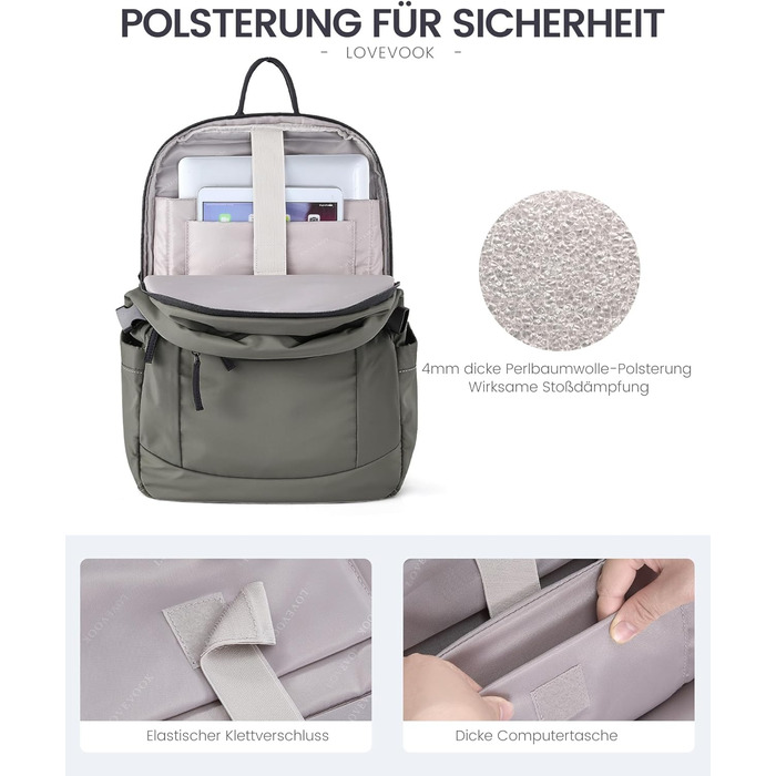 Рюкзак LOVEVOOK для ноутбука 15.6 дюймів (17.3 дюймів), водонепроникний, для жінок та чоловіків, на кожен день, для роботи, навчання, подорожей (сірий, зелений)