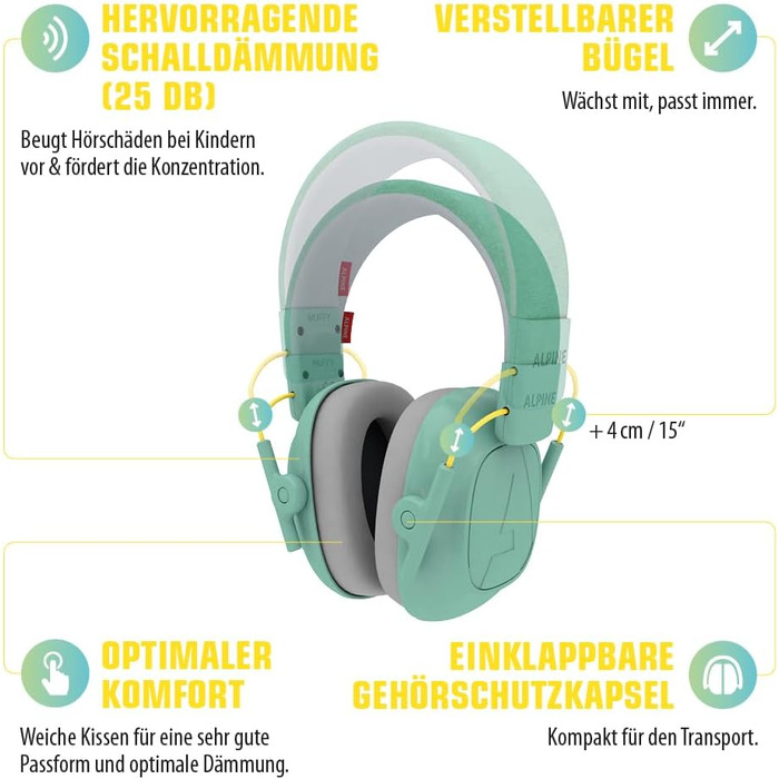 Дитячі навушники шумозаглушення Alpine Muffy – комфортний захист вух для дітей до 16 років, регульоване наголов'я, м'ятний колір