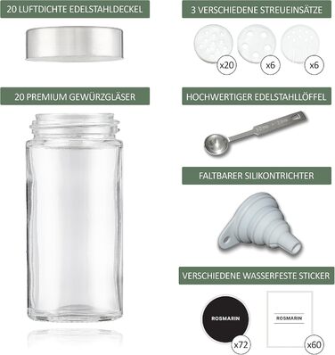 Kesign 20-Piece Spice Jar Set - with high-quality stainless steel lids - round spice containers incl. labels, shaker insert, funnel, and stainless steel spoon for spices - Perfect storage for the kitchen