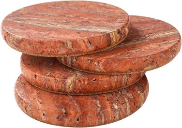 HAMAKAWA Genuine Natural Marble Coasters, Set of 4, Red Stone Coasters Φ10cm, Modern Round Travertine Drink Coasters for Home Decoration, Coffee Table, Office