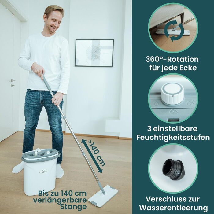 Набір для прибирання підлоги WONDERHOME TripleClean Hydro: відро з 3 камерами, розділення чистої і брудної води, моп із віджимом, класична модель з подовженою 140 см ручкою