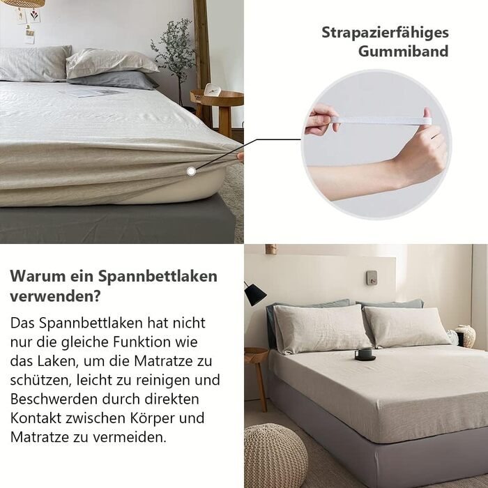 Simple & Opulence Fitted Sheet up to 35cm Side Height, 100% Pure Washed Linen, Temperature-Regulating and Breathable Fitted Sheet with Elastic, Certified Öko-Tex, 182x200cm, Natural Linen