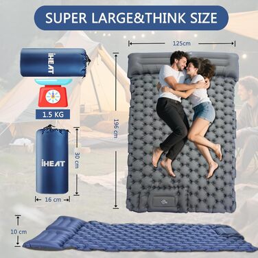 iHEAT Self-Inflating Camping Sleeping Pad with Foot Pump, Ultralight Air Mattress with Pillow, Waterproof Compact Sleeping Mat for Outdoor, Hiking, Backpacking, Camping, Beach (Blue)