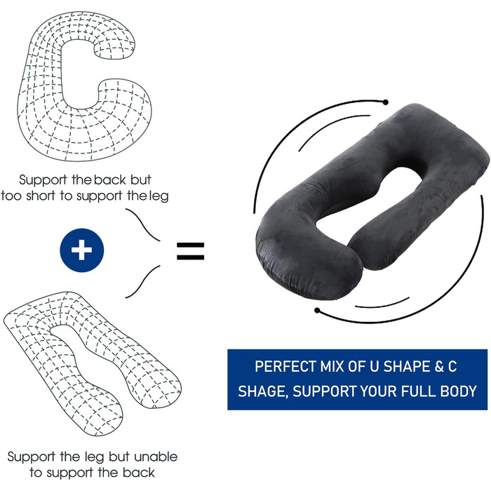 Подушка для вагітних Cauzyart U-подібна, повного тіла, для підтримки спини, стегон, ніг та живота. Знімна, пральна наволочка, чорна.