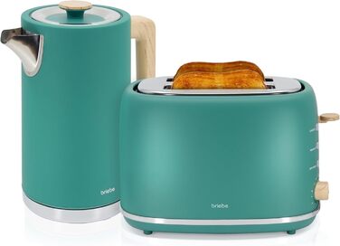 Набір для сніданку Briebe Nordic: тостер на 2 тости з підставою для бургерів та електрочайник 1.7л, 6 режимів підсмажування, зелений