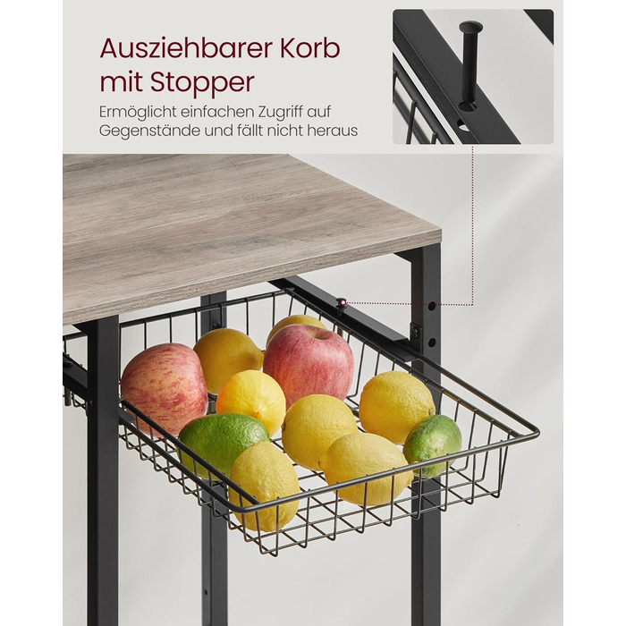 Полиця кухонна VASAGLE з розетками, стелаж для мікрохвильової печі, 8 гачків S-подібної форми, кухонний шафчик, органайзер для спецій, 40 x 90 x 165,5 см, коричневий вінтаж та чорний, KKS031K11