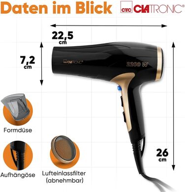 Фен Clatronic® HT 3661: 2200W, іонізація, 3 режими, насадка 360° | Фен з іонізатором, Cool Shot