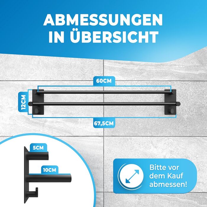 Тримач для рушників без свердління, нержавіюча сталь, чорний - для ванної кімнати, кухні, душової кабіни (60 см) з 2 гачками