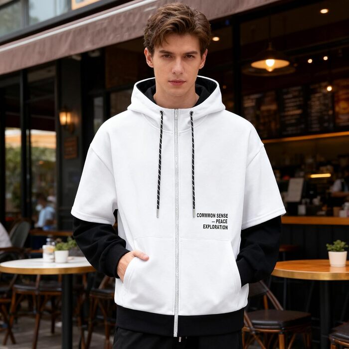 Чоловіча толстовка з капюшоном RUIZEHONG з блискавкою, блоковий колір, з кишенями, повсякденна, біло-чорна, розмір XL