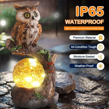 JJALIGHTS Solar Owl Figurine, Owl Garden Decor with Solar Ball, Waterproof for Outdoors, Balconies, Terraces, Gifts for Women, Men, Mom, Birthday, 24CM