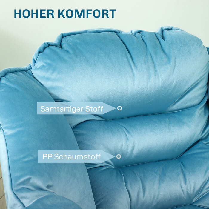 HOMCOM Armchair Living Room Lounge Chair Padded Recliner Chair with Side Pocket, Steel Legs Upholstered Chair with Velvet Look, Single Chair for Bedroom, Blue | Aosom