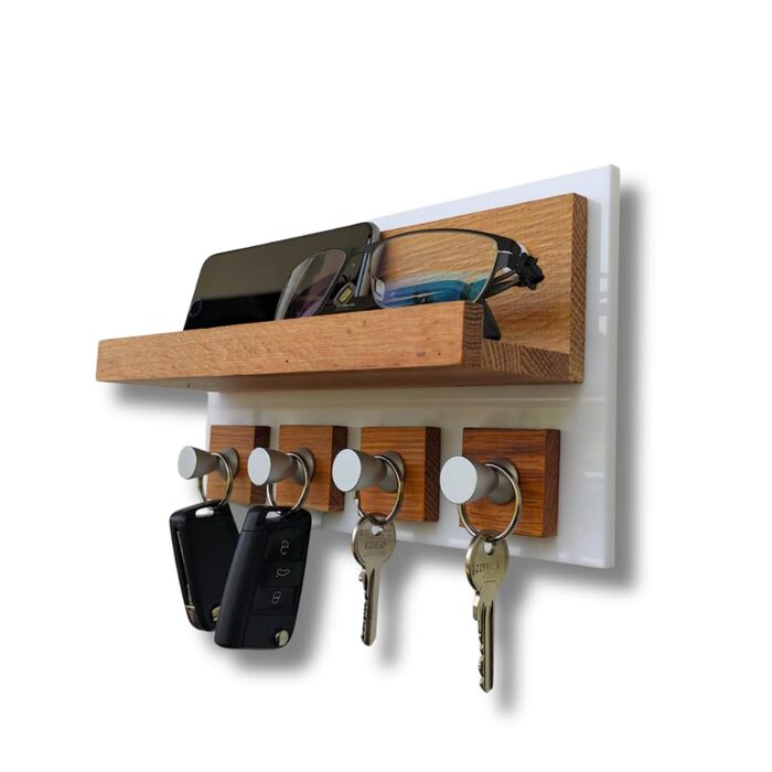 Сучасне ключниця Alakay з полицею - блискуче дерев'яне ключниця для стильного зберігання ключів, підставка для ключів. Ідеально підходить для дому або офісу, практична та елегантна (білий)