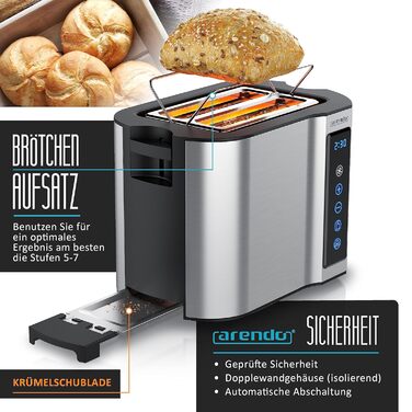 Arendo - 2-Slice Stainless Steel Toaster - Touch Panel - Digital Display with Remaining Time - 800 W – Double-Walled Housing – with Bagel Attachment – 7 Browning Levels – Bread Slice Centering - Silver B: Silver