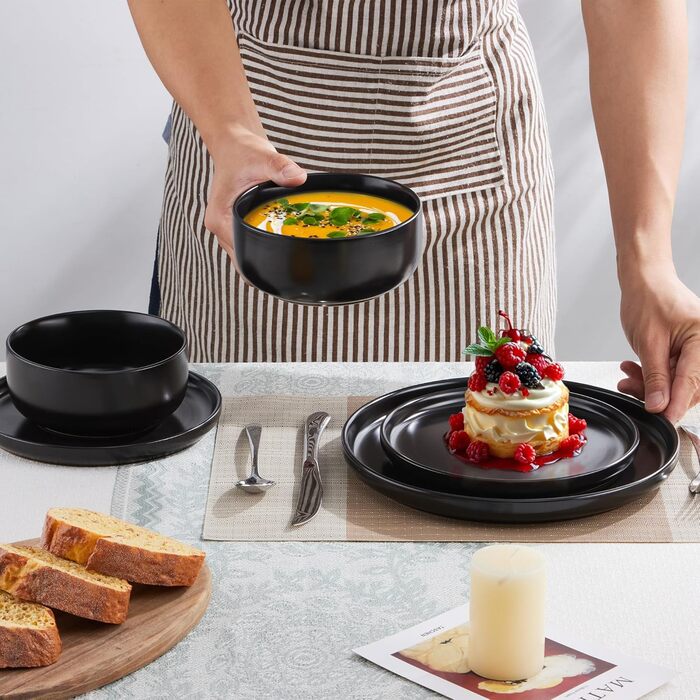 Набір посуду Joyfair на 6 осіб, 18 предметів: тарілки, миски, десертні тарілки, чорний колір, кераміка, для посудомийної машини та мікрохвильової печі