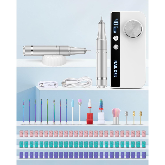 Електричний фрезер для нігтів з LCD дисплеєм, 40000 об/хв, 15 насадок, для манікюру та педикюру, F/R напрямок обертання, для салону та дому (білий)