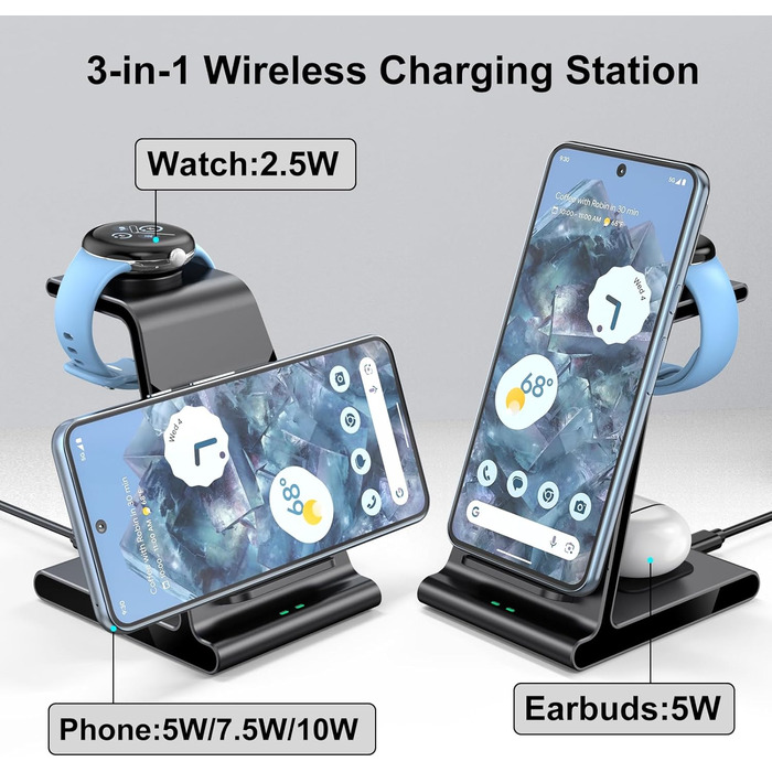 Бездротова зарядка для Google Pixel Watch 3/2 та Pixel 9 Pro/XL/9a/9/8a/8/Pixel 7/7a/7/6/5/4/3, Pixel Buds Pro/2 (без адаптера)