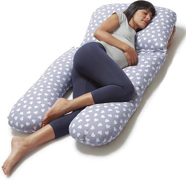 Niimo 4-in-1 U-Shaped Pillow - Breastfeeding Pillow, Pregnancy Pillow, Comfort Pillow & Side Sleeper Pillow with 100% Cotton Cover, Washable (Gray with white hearts)