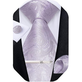 Краватка DiBanGu чоловіча, шовкова, з візерунком павлина та квітами, комплект: краватка, нагрудна хустинка, краваткова застібка, манжетні кнопки, для весілля, свят, класичний стиль (світло-фіолетовий)