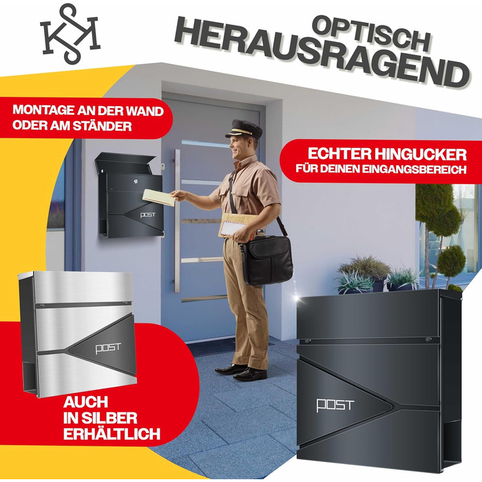 Поштовий ящик KESSER з газетницею, нержавіюча сталь, сріблясто-антрацитовий, 2 ключі, настінний монтаж, з м'яким закриттям кришки, комплект для кріплення