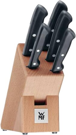 WMF Classic Line Knife Block Set with Knife Set, 6-piece, equipped, 5 knives, birchwood block, special blade steel, natural, black, silver