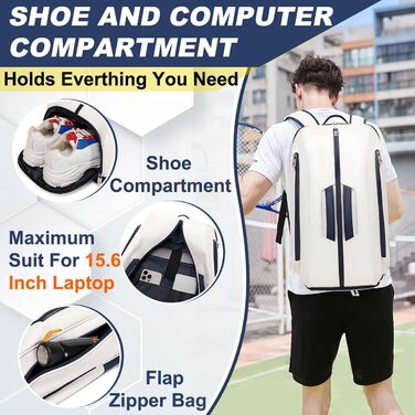 Tennis Padel Pickleball Bag - Large Sports Bag with Shoe Compartment, Laptop Sleeve & Ball Sleeve - White/Blue