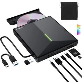 Зовнішній DVD/CD привід ORIGBELIE з 4 USB-портами та 2 слотами для TF/SD карт, USB 3.0, портативний для ноутбука, MacBook, PC (Windows, Linux, Mac OS)