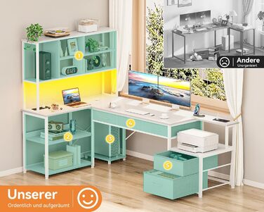 Комп'ютерний стіл Coleshome з 5 шухлядами та 4 полицями 180x100 см, L-подібний стіл з LED-підсвіткою, розетками та USB, великий стіл для home office, білий