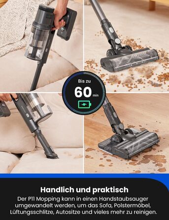Бездротовий пилосос Proscenic P11 з функцією миття підлоги, 45KPA, 550W, 60хв, сірий