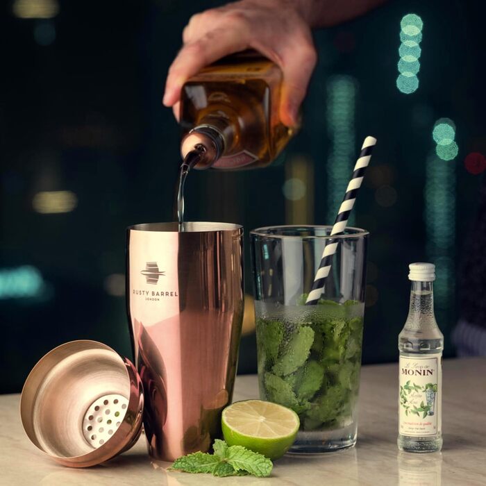 Rusty Barrel Roségold Cocktail Shaker Set - Premium Stainless Steel Bar Set with Shaker, Muddler, Strainer, Jigger, Spout, Spoon, Recipe Book & Gift Box