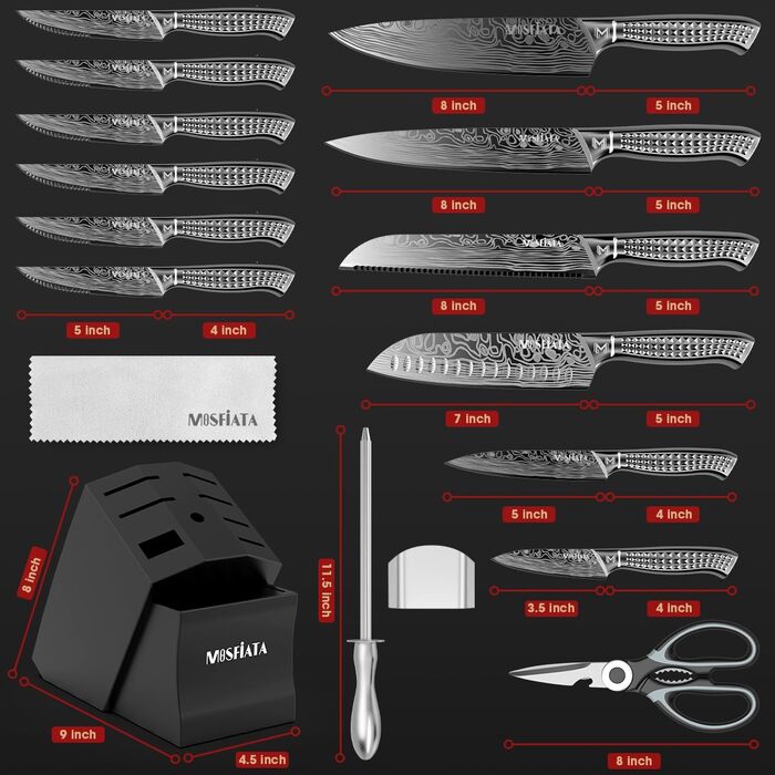 MOSFiATA 17-Piece Knife Set with Block - Professional Kitchen Knife Set with Titanium Coating, Stainless Steel, Scissors, Finger Guards & Gift Box