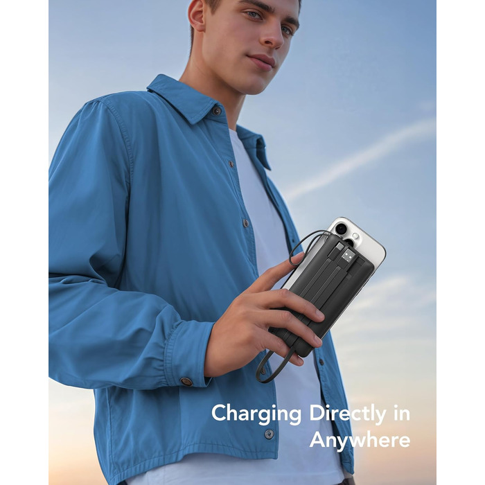 Power Bank VRURC 10000mAh з 4 кабелями, портативний акумулятор USB-C для iPhone/Huawei/Samsung, LED-дисплей, 5 виходів, чорний