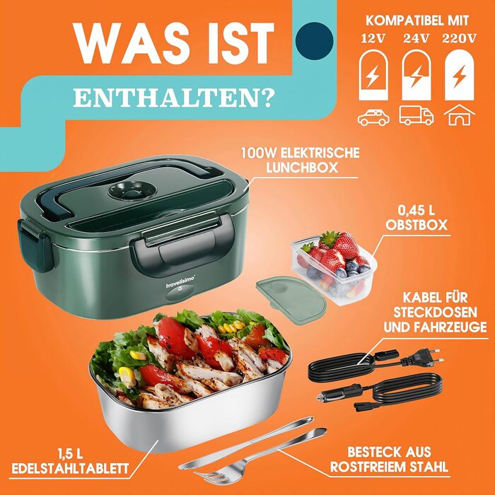 Електрична ланчбокс TRAVELISIMO 1,5L з підігрівом 100W (12V/24V/220V) - зелена