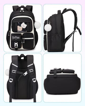 Шкільний рюкзак для дівчаток DivingBirds, 2-7 клас, 22L | Легкий дитячий рюкзак з дихаючою спинкою та м'якими лямками | З нагрудним ременем | Чорний