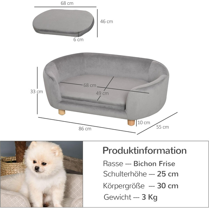PawHut Софа для домашніх тварин: ліжко для собак та котів з голландського оксамиту, піна, ніжки з берези, 86 x 55 x 33 см, світло-сіра
