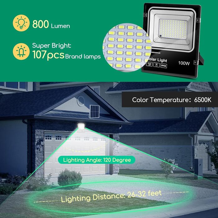 Aigostar Solar Floodlight Outdoor, Super Bright LED Floodlight with Solar Panel, Cold White 6500K, IP66 Protection Rating Solar Floodlight Spotlight Outdoor Floodlight for Garden, Door, Yard, Garage, etc. (100W)