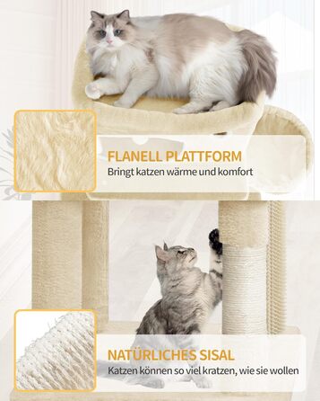 Кігтеточка для котів Hzuaneri XL (203 см) з платформою, печерами, колонами, гамаком та помпонами, бежева