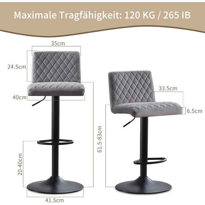 JYMTOM Set of 4 Adjustable Bar Stools with Swivel Seat - Velvet Upholstered Counter Stools for Bar, Kitchen, Bistro, Cafe & Dining Room (Gray)