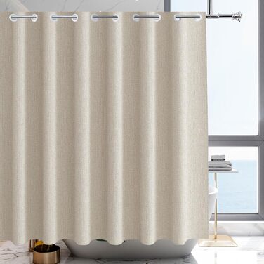 Штора для душу YISURE 200x220 см, бежева, льон, без гачків, водонепроникна, текстильна