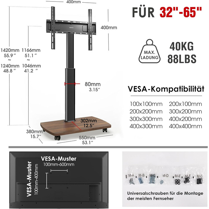 AOKCOS Rolling TV Stand with Wood Shelf - Adjustable Height & Swivel - VESA 400x400 - Holds 32-65 Inch TVs up to 40kg