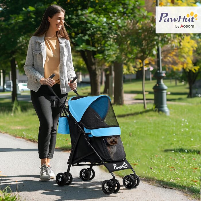 Візок для собак PawHut - блакитний, з розкладним дахом, миється, з підстаканником та кишенькою