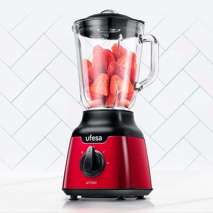 Ufesa Stand Mixer BS4100 Amber Red, 0.8L Glass Jar, Pulse/Ice Crush Function, 2 Speeds + Pulse, 4 Stainless Steel Blades, 900W, Airtight Seal, BPA-Free, Red Inox, Amazon Exclusive 900W 0.8L