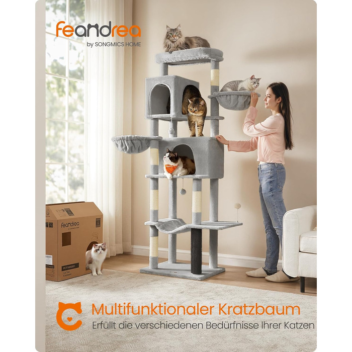 Дім для кота Feandrea, 175 см, XL, багатоярусний з 2 печерами, 2 лежаками, 5 стовпчиками для дряпання, щіткою для котів, великою платформою, PCT182G01 (XXL, таунграу)