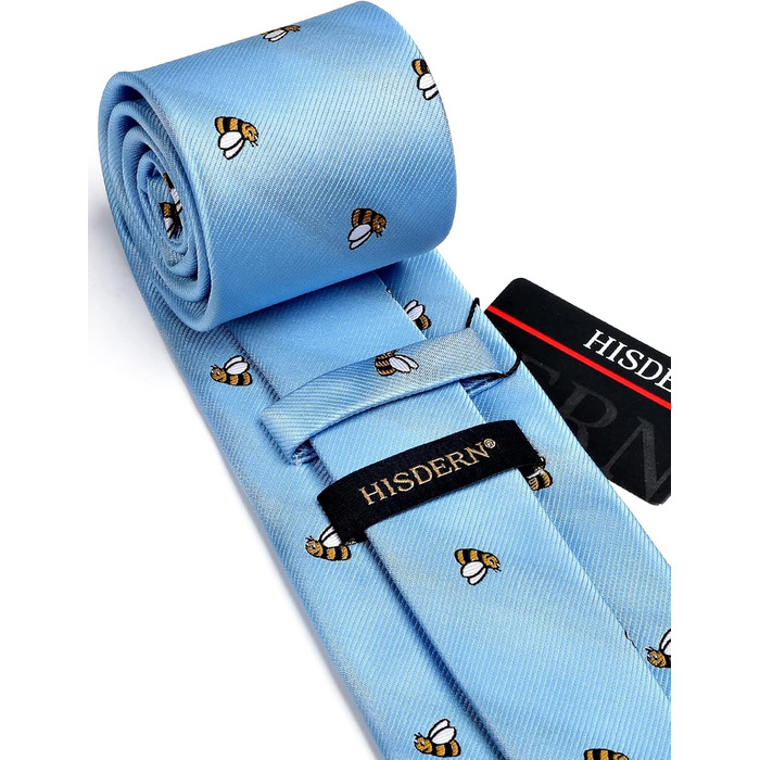 HISDERN Комплект краватки та нагрудного хустинки з принтом тварин (Бджола, блакитний) для весілля та ділових зустрічей