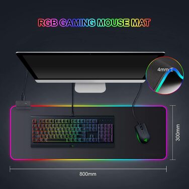 Килимок для миші ігровий RGB 800x300mm XXL, великий, з 14 режимами підсвічування, 7 LED кольорами, вологостійкий, з антиковзким покриттям для комп'ютера, ПК, професійних геймерів, чорний